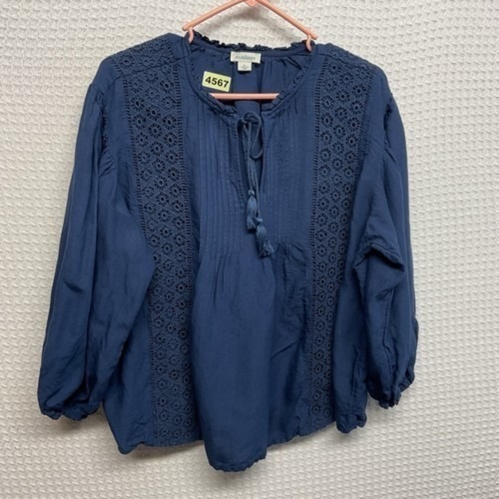 Sundance Navy Blue Crochet Lace Pintuck Peasant Blouse Women L India